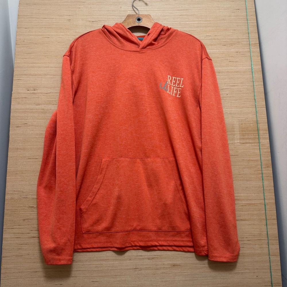 Reel Life Mens Performance Hoodie Heather Orange Fishing Graphic Shirt Size M